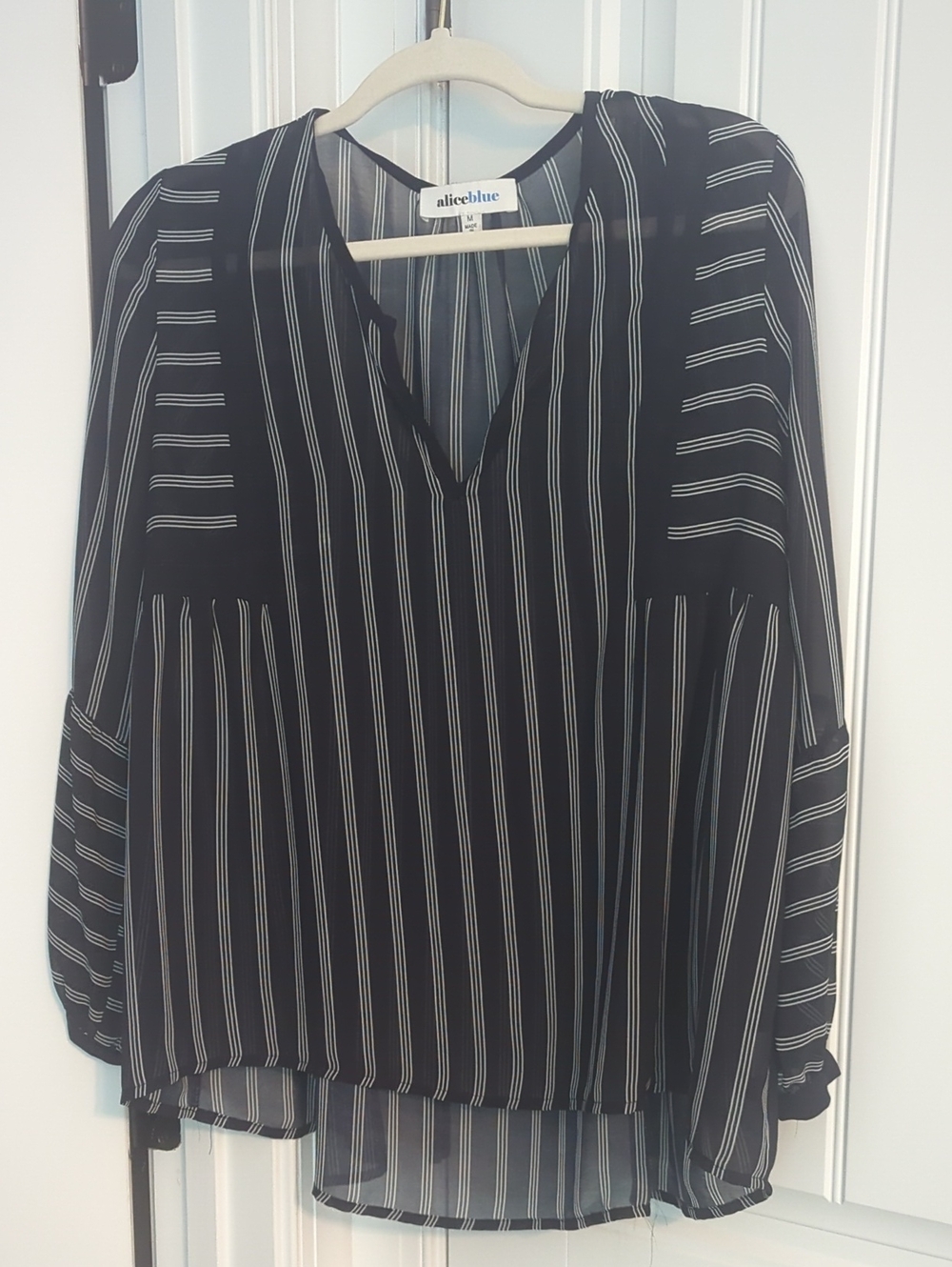 aliceblue Black Striped V-Neck Long-Sleeve Blouse